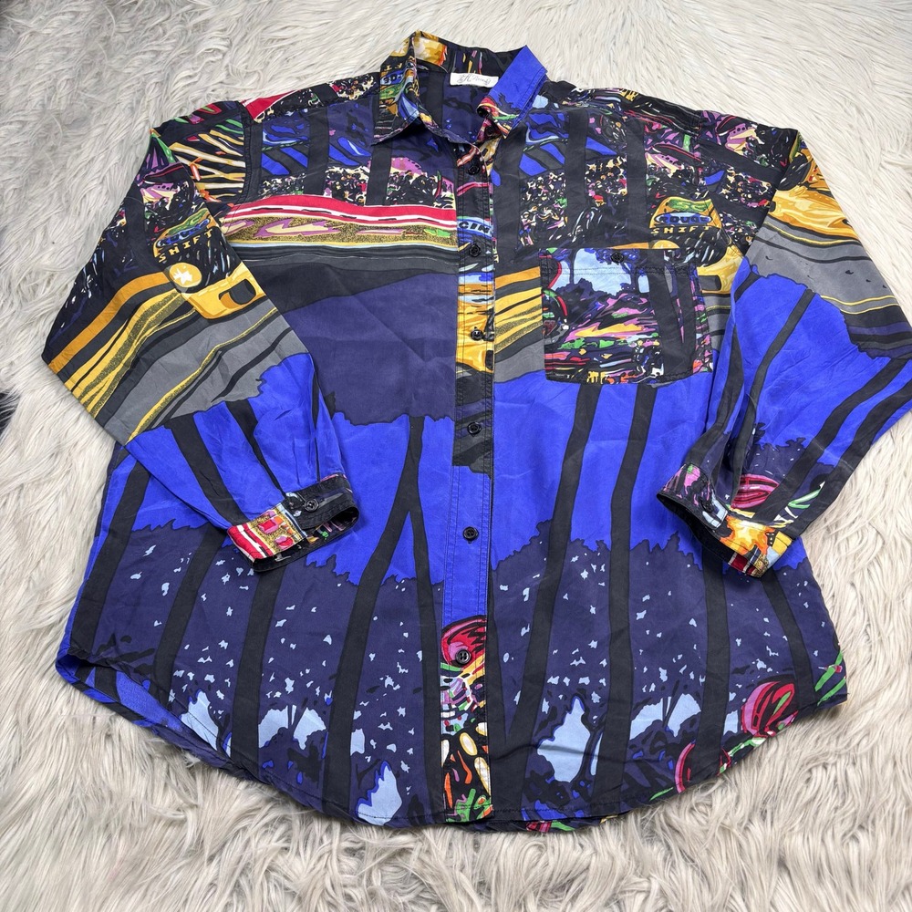 Vintage K Arnold Women's XL Relaxed Silk Racing Car Motif Button Front Shirt